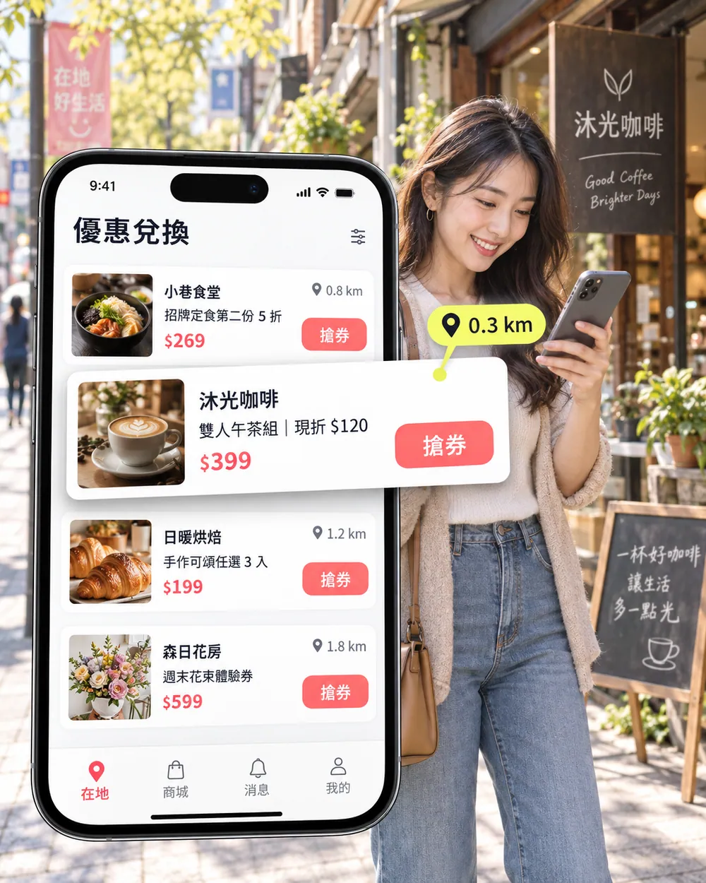 顧客在共享家 APP 找到附近店家與票券，距離資訊跳出手機畫面